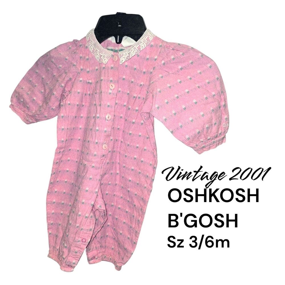 Oshkosh 2001 3/6m Vintage Pink All Over Tiny Flowers Button Lace Collar Romper